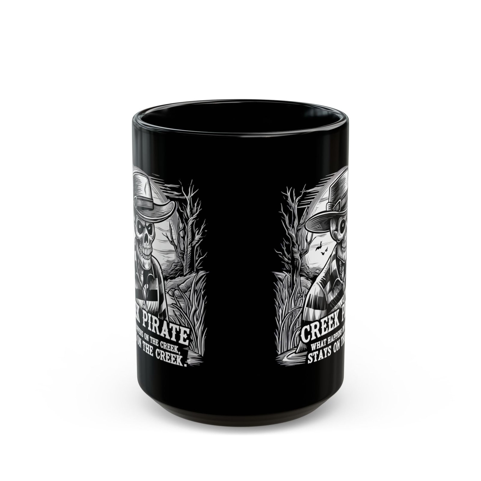 Creek Pirate Skull Coffee Mug - “What Happens on the Creek Stays on the Creek” Black Ceramic Cup - Image 4