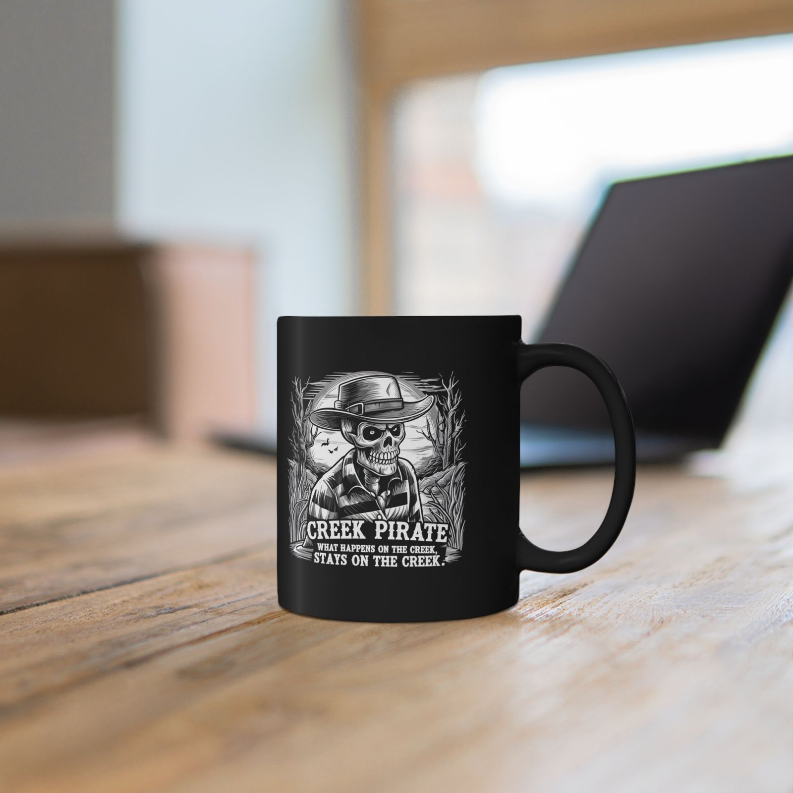 Creek Pirate Skull Coffee Mug - “What Happens on the Creek Stays on the Creek” Black Ceramic Cup - Image 6