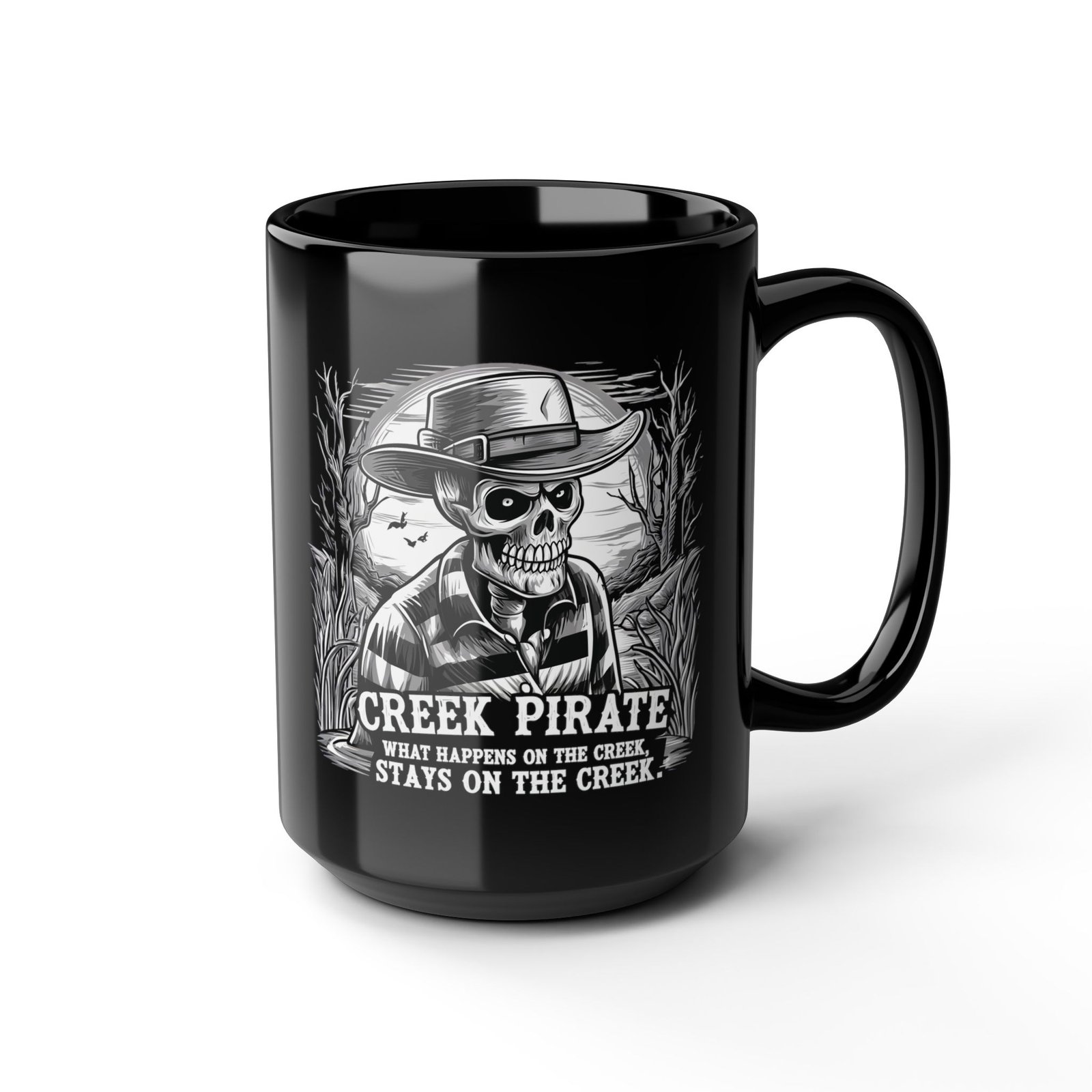 Creek Pirate Skull Coffee Mug - “What Happens on the Creek Stays on the Creek” Black Ceramic Cup