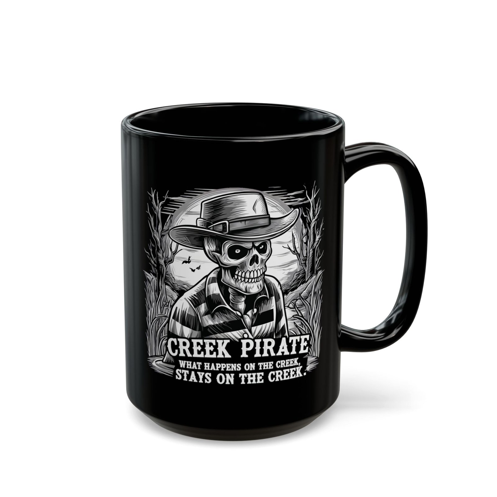 Creek Pirate Skull Coffee Mug - “What Happens on the Creek Stays on the Creek” Black Ceramic Cup - Image 12