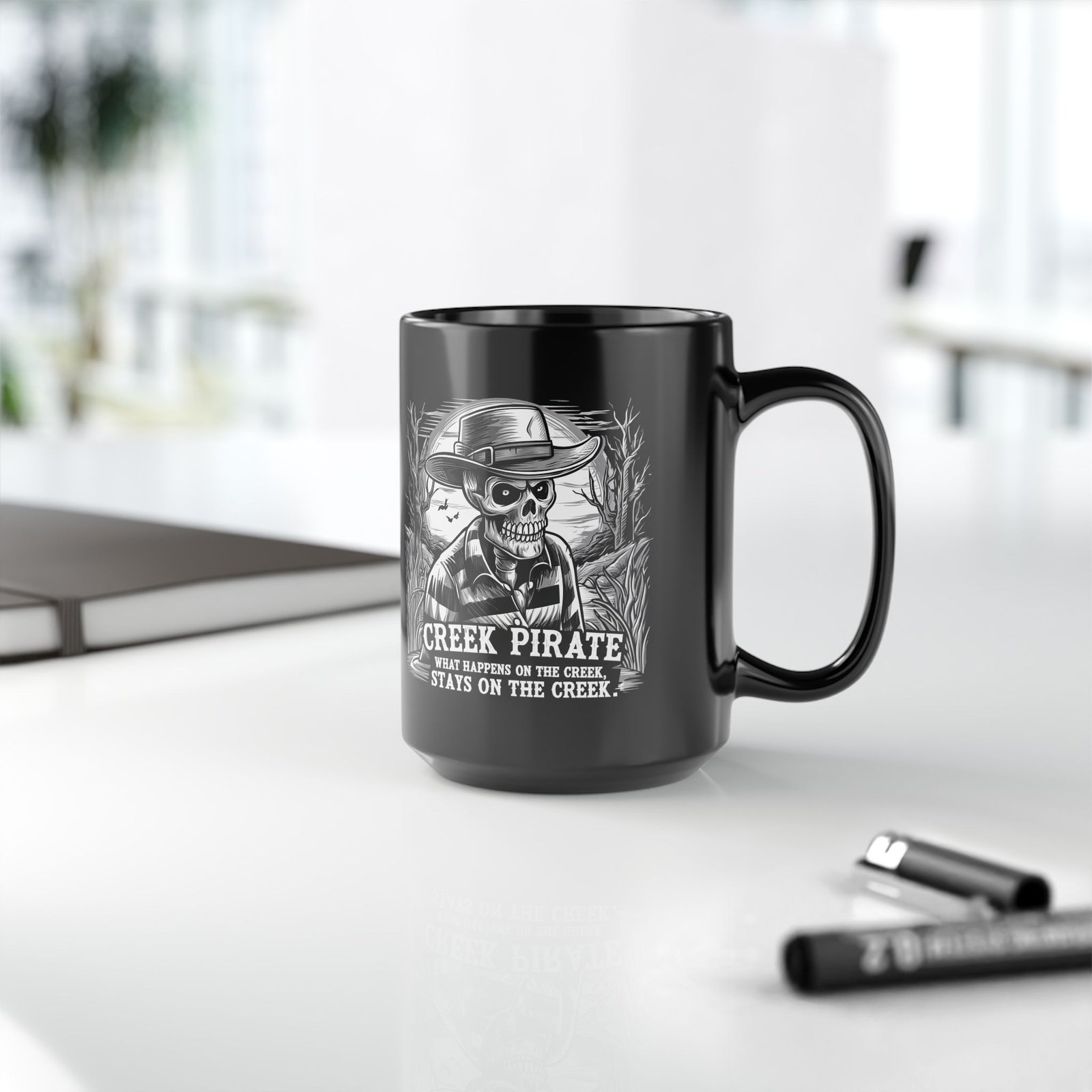 Creek Pirate Skull Coffee Mug - “What Happens on the Creek Stays on the Creek” Black Ceramic Cup - Image 14