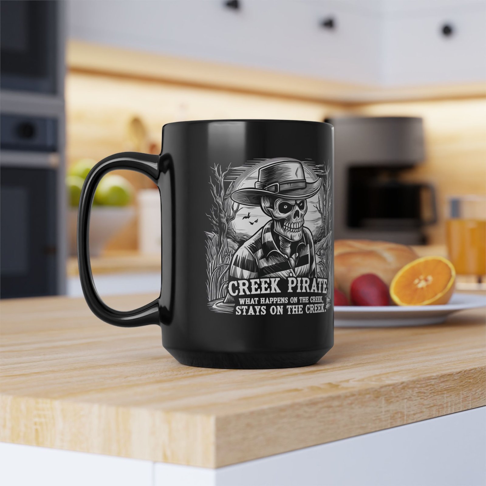 Creek Pirate Skull Coffee Mug - “What Happens on the Creek Stays on the Creek” Black Ceramic Cup - Image 3