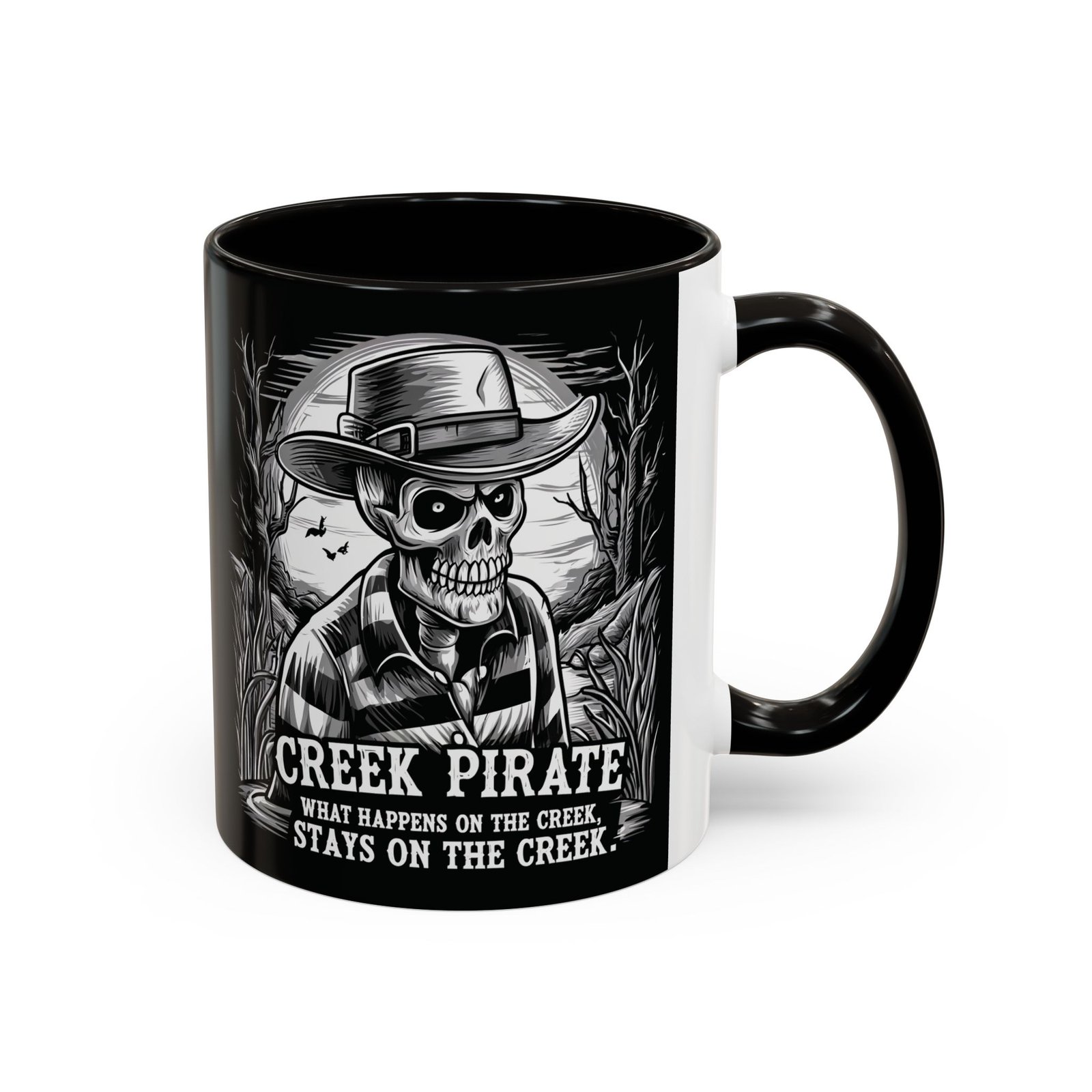 Coffee Mug - Creek Pirate Skeleton - What Happens on the Creek Stays on the Creek - 11oz or 15oz - Cup