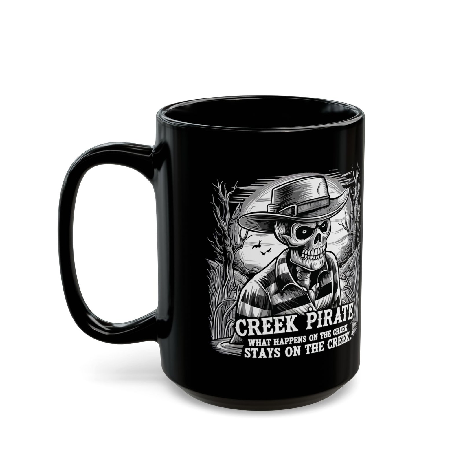 Creek Pirate Skull Coffee Mug - “What Happens on the Creek Stays on the Creek” Black Ceramic Cup - Image 9