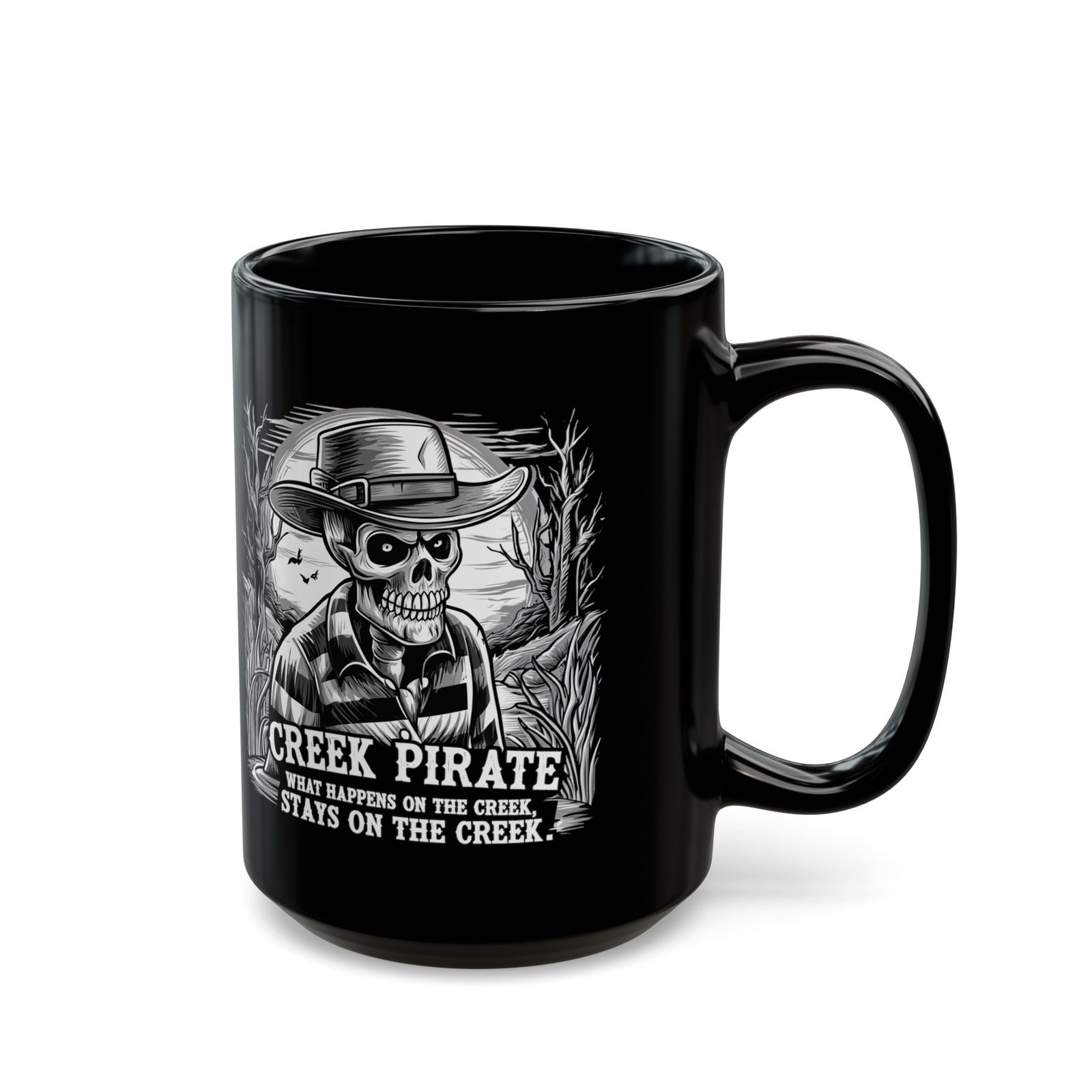 Creek Pirate Skull Coffee Mug - “What Happens on the Creek Stays on the Creek” Black Ceramic Cup - Image 7