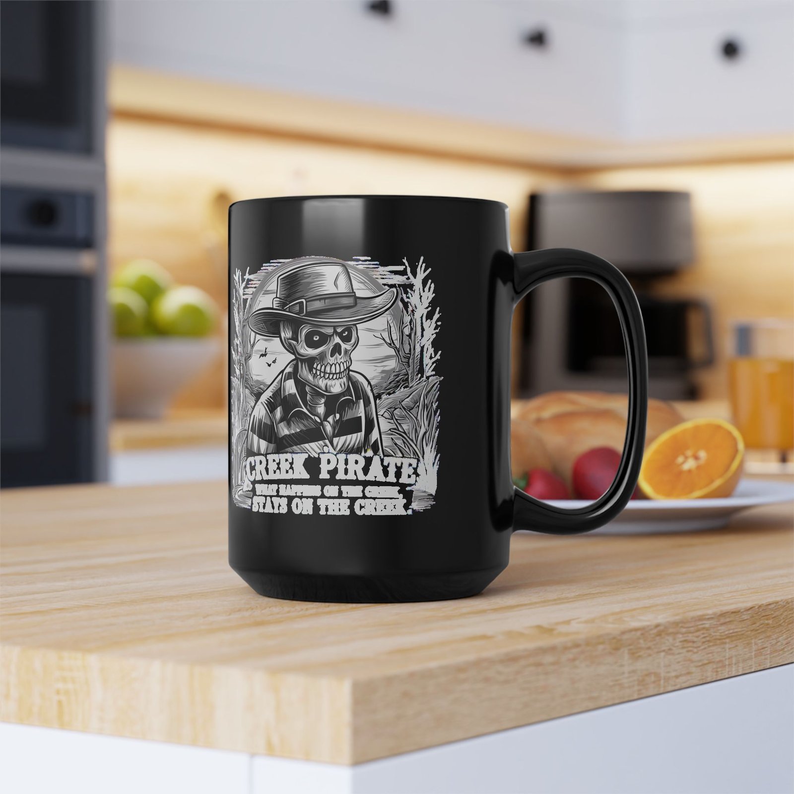 Creek Pirate Skull Coffee Mug - “What Happens on the Creek Stays on the Creek” Black Ceramic Cup - Image 13