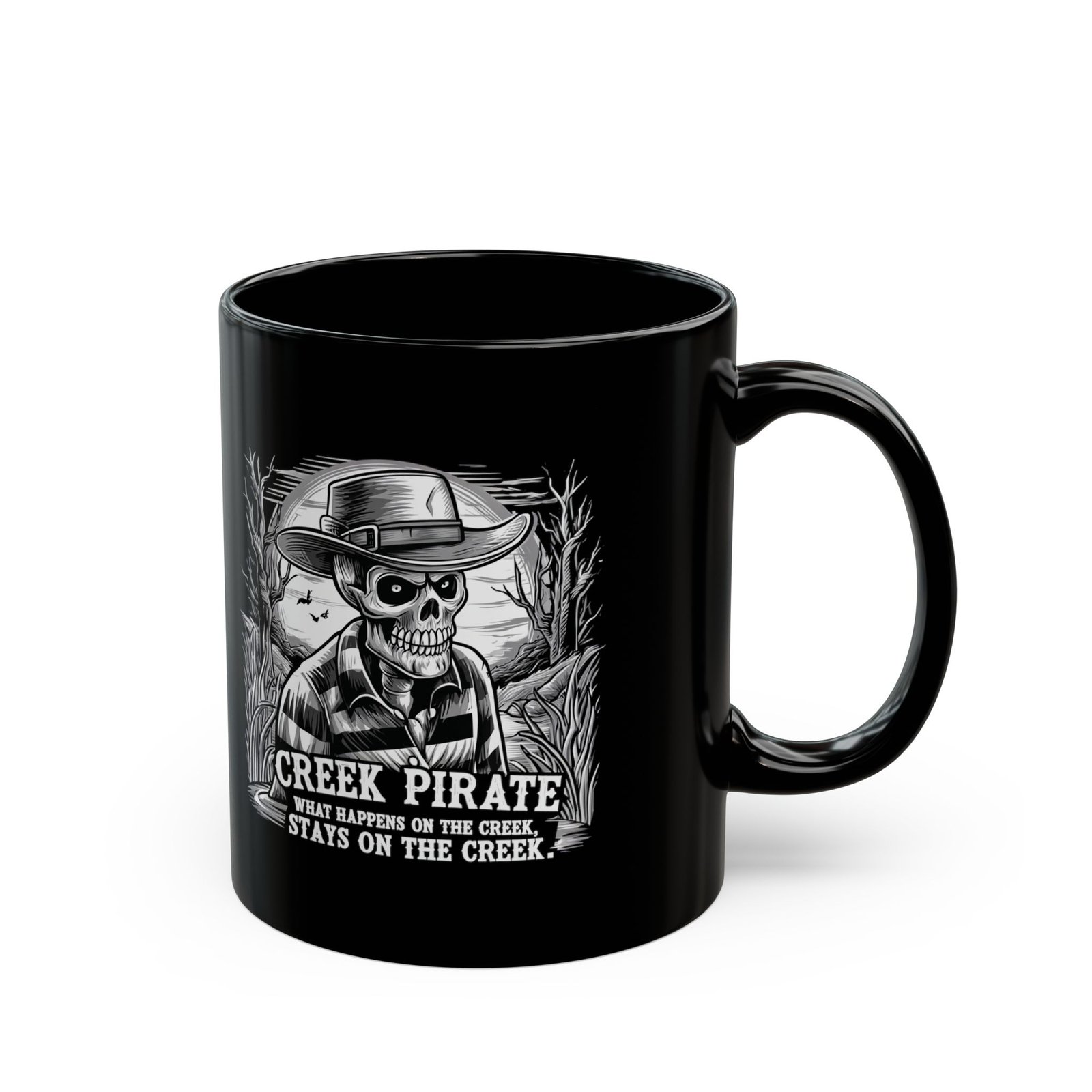 Creek Pirate Skull Coffee Mug - “What Happens on the Creek Stays on the Creek” Black Ceramic Cup - Image 16