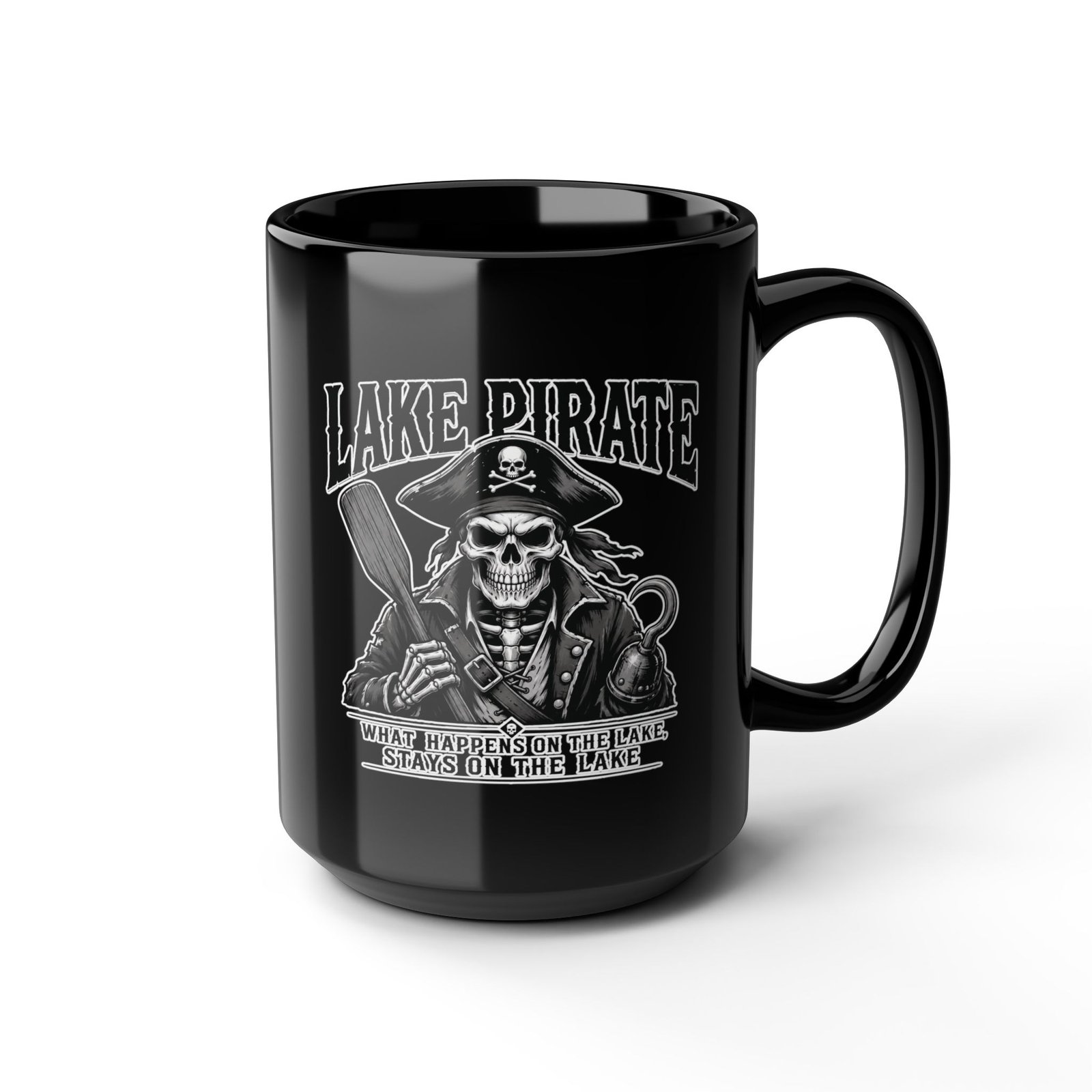 Lake Pirate Skull Coffee Mug - “What Happens on the Lake Stays on the Lake” Black Ceramic Cup