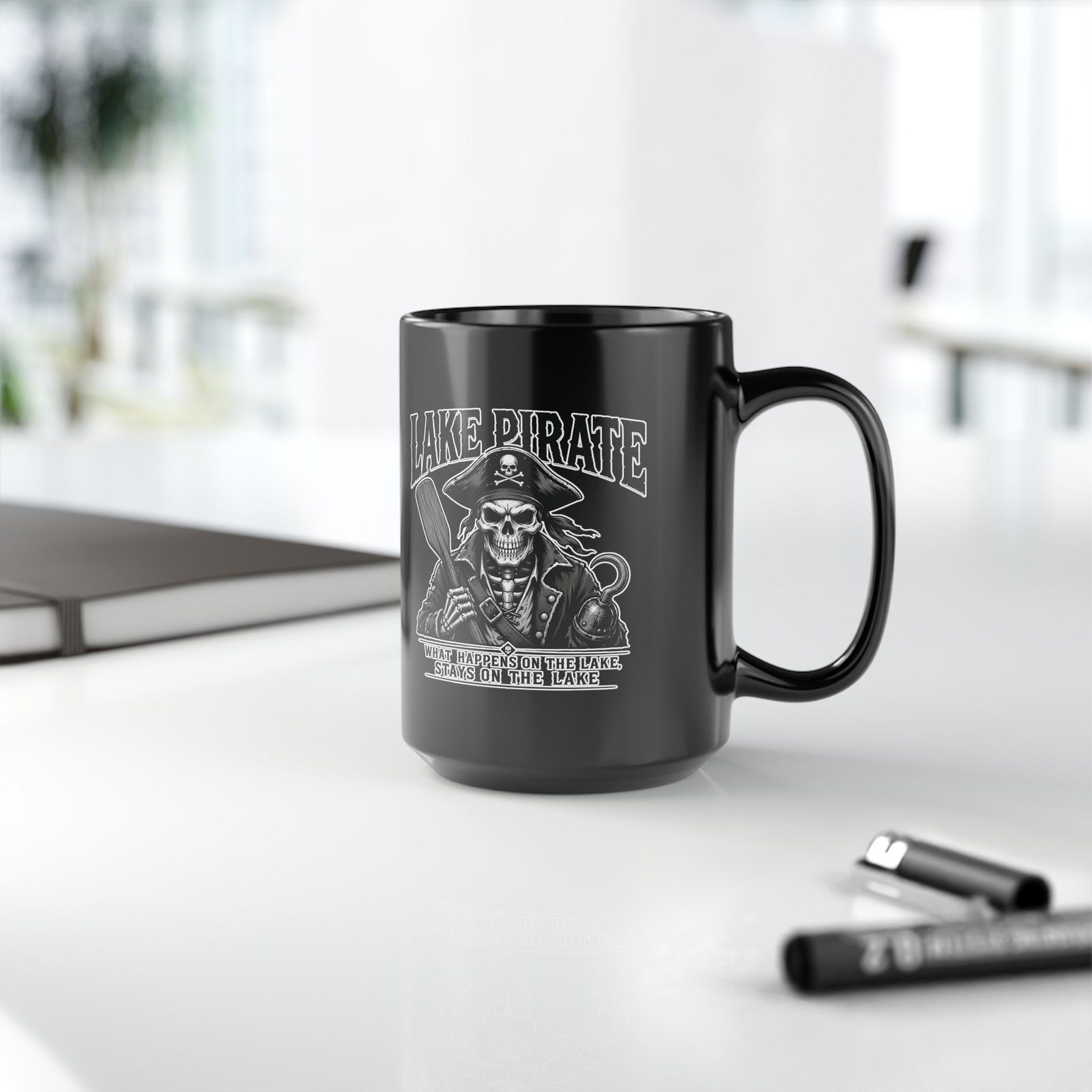 Lake Pirate Skull Coffee Mug - “What Happens on the Lake Stays on the Lake” Black Ceramic Cup - Image 9