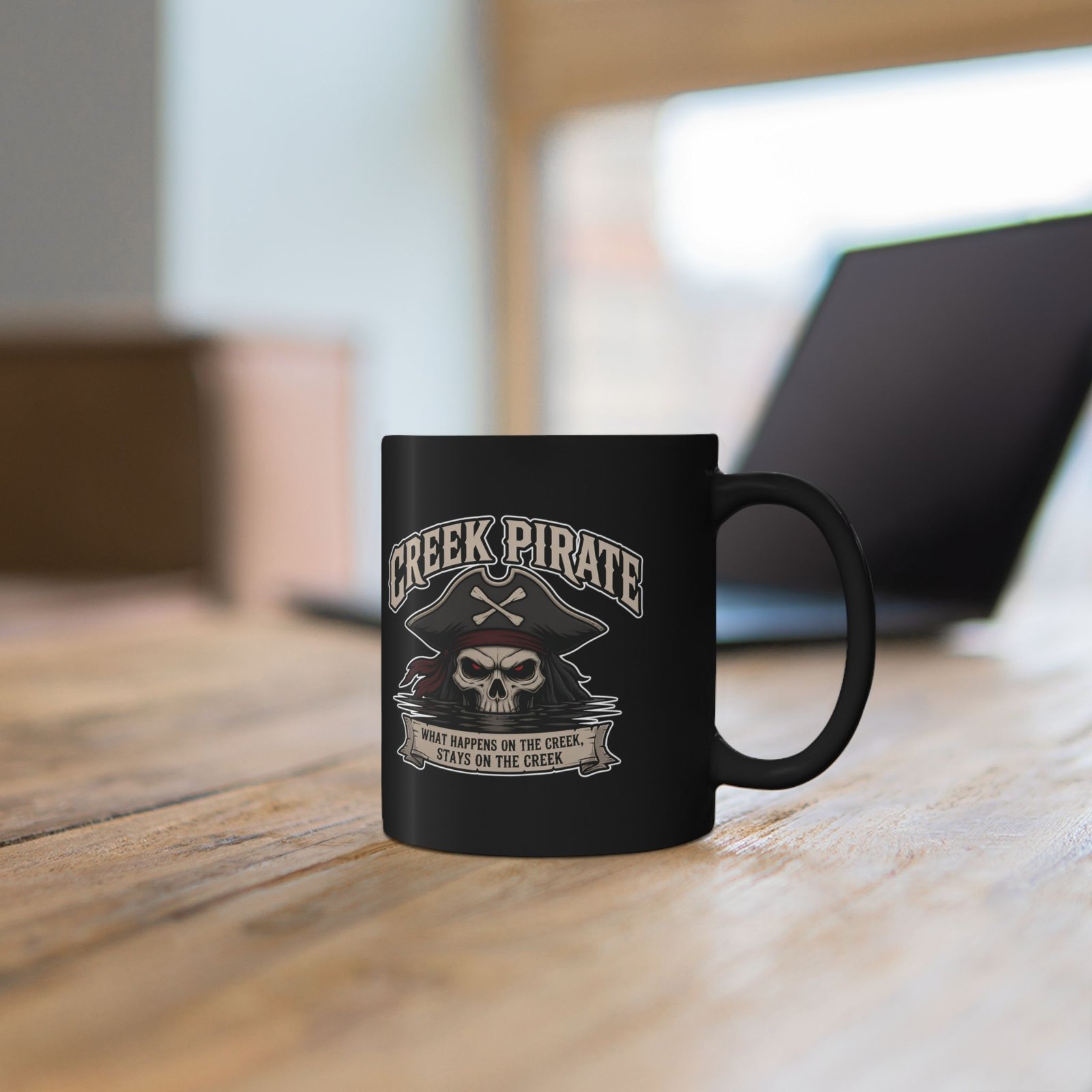 Creek Pirate Skull Coffee Mug - “What Happens on the Creek Stays on the Creek” Black Ceramic Cup - Image 3