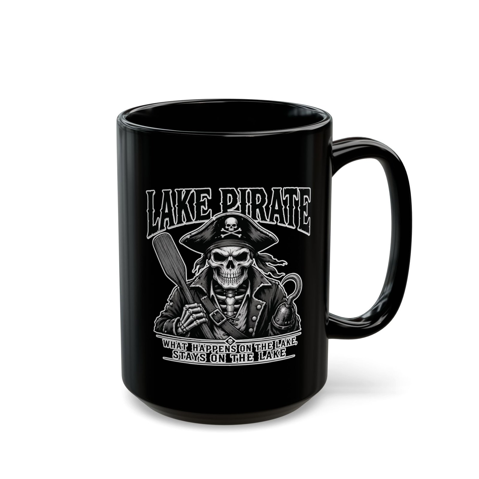 Lake Pirate Skull Coffee Mug - “What Happens on the Lake Stays on the Lake” Black Ceramic Cup - Image 6