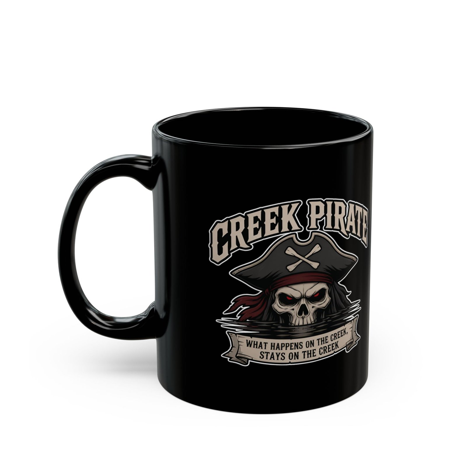 Creek Pirate Skull Coffee Mug - “What Happens on the Creek Stays on the Creek” Black Ceramic Cup - Image 4