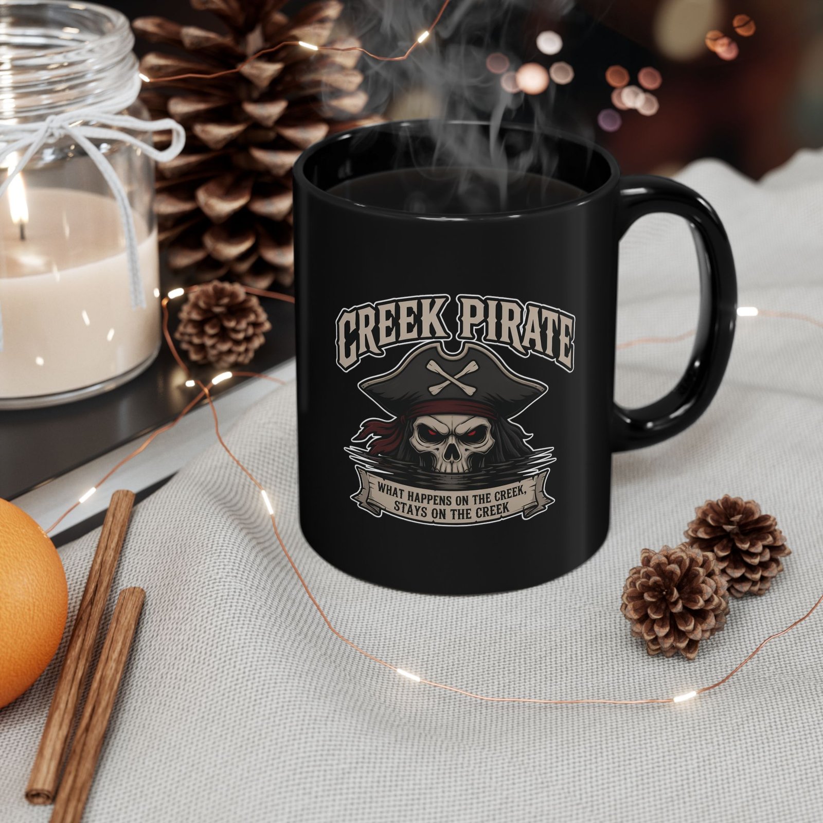 Creek Pirate Skull Coffee Mug - “What Happens on the Creek Stays on the Creek” Black Ceramic Cup - Image 7