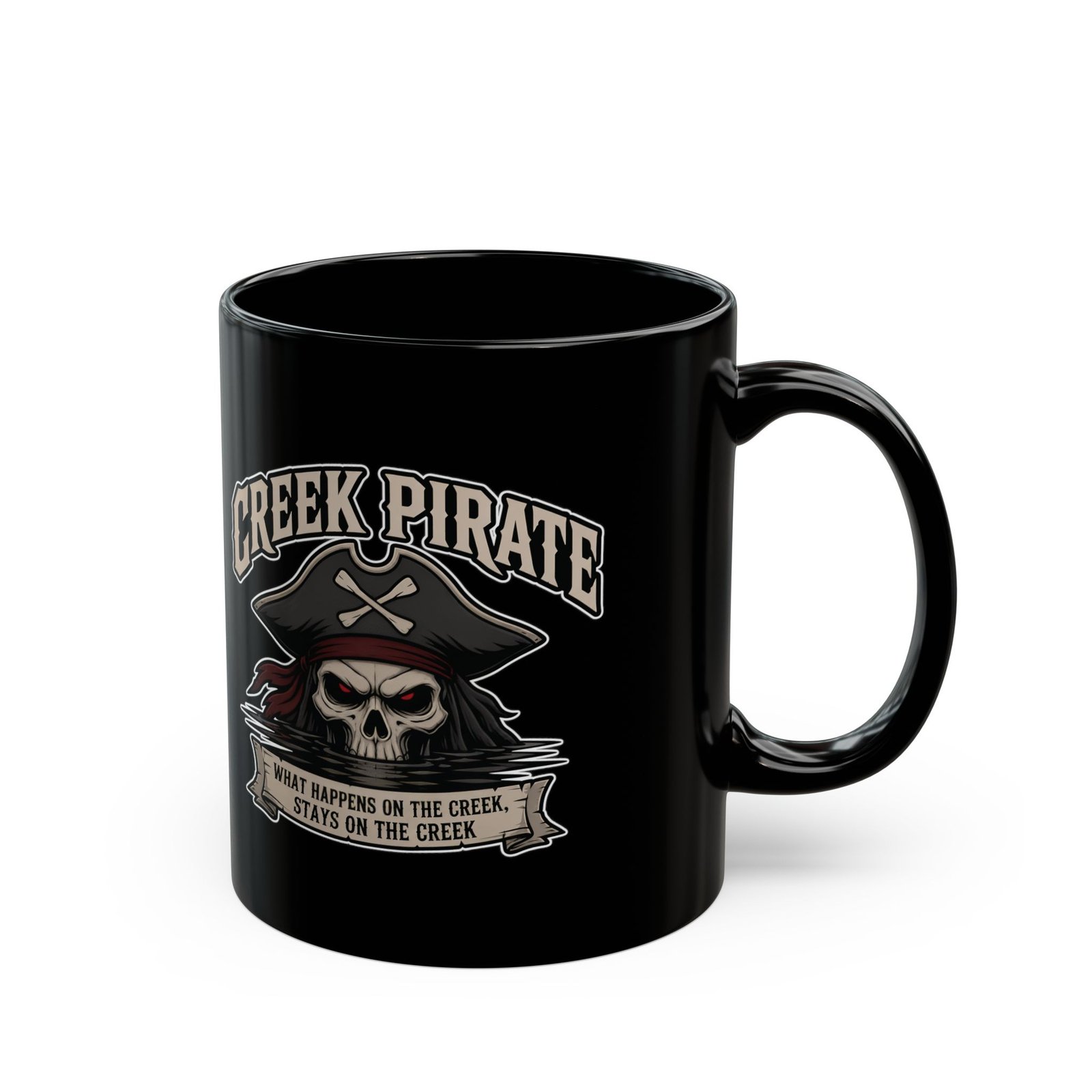 Creek Pirate Skull Coffee Mug - “What Happens on the Creek Stays on the Creek” Black Ceramic Cup - Image 15
