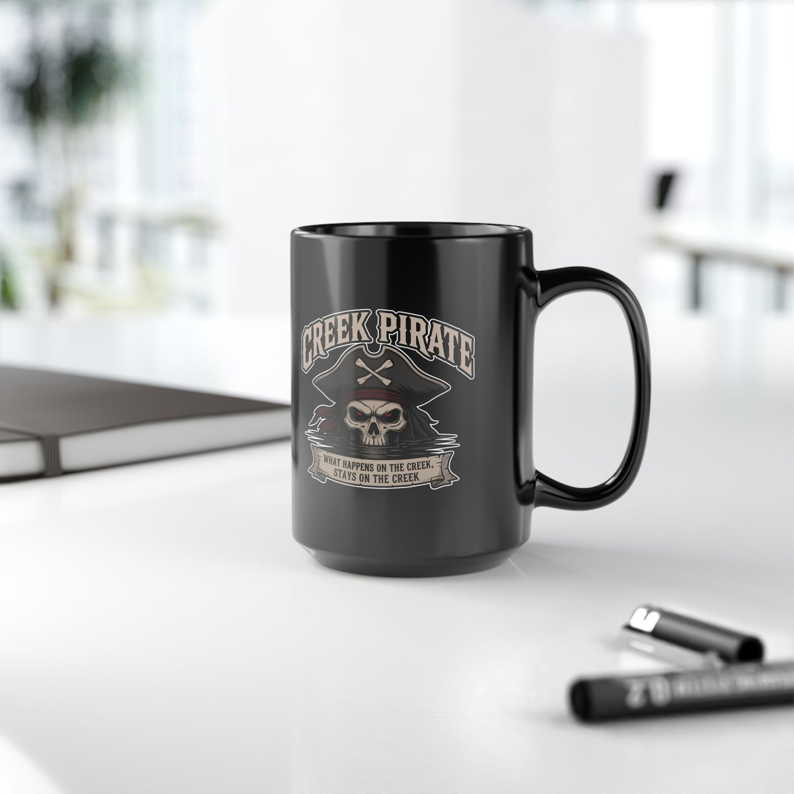 Creek Pirate Skull Coffee Mug - “What Happens on the Creek Stays on the Creek” Black Ceramic Cup - Image 13