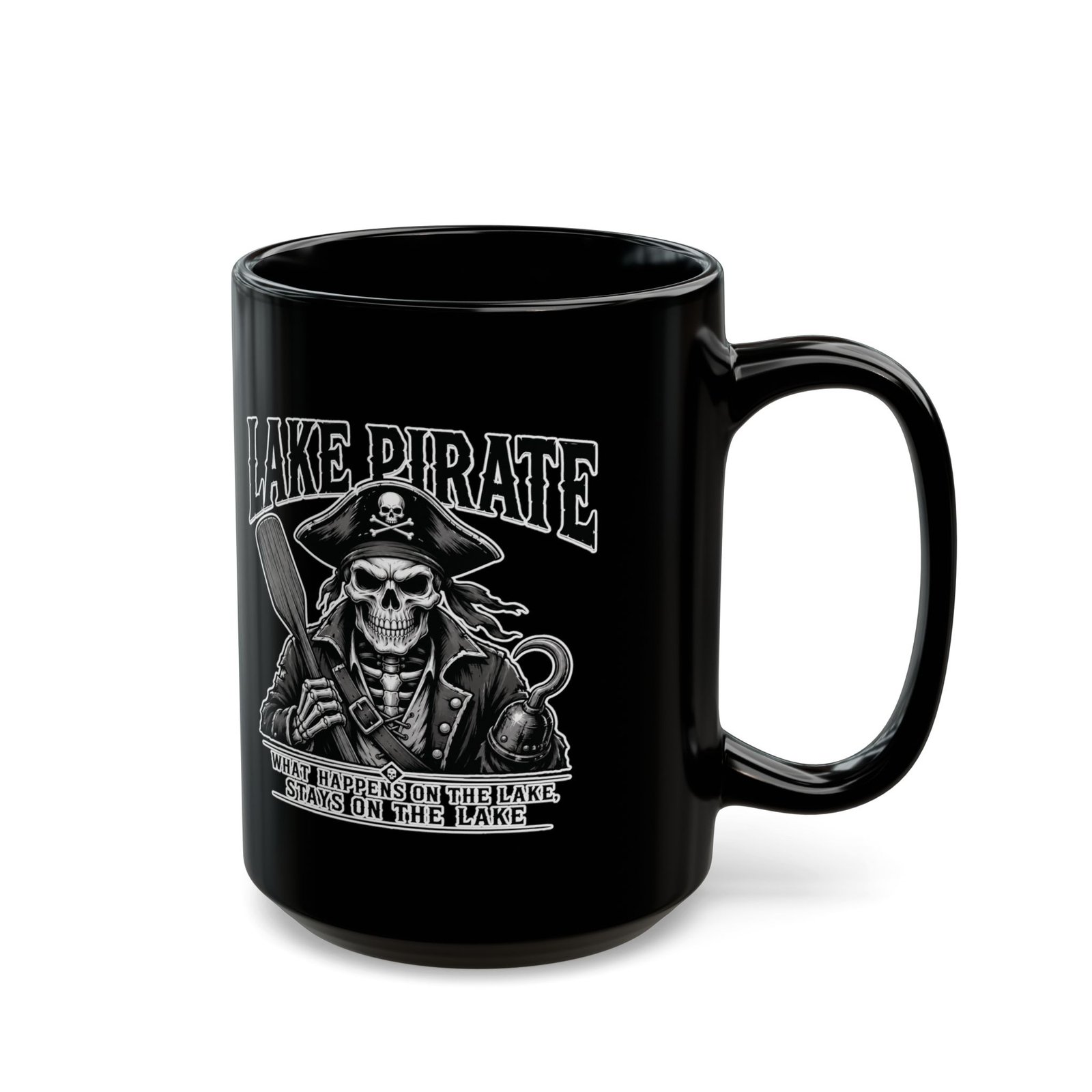Lake Pirate Skull Coffee Mug - “What Happens on the Lake Stays on the Lake” Black Ceramic Cup - Image 3