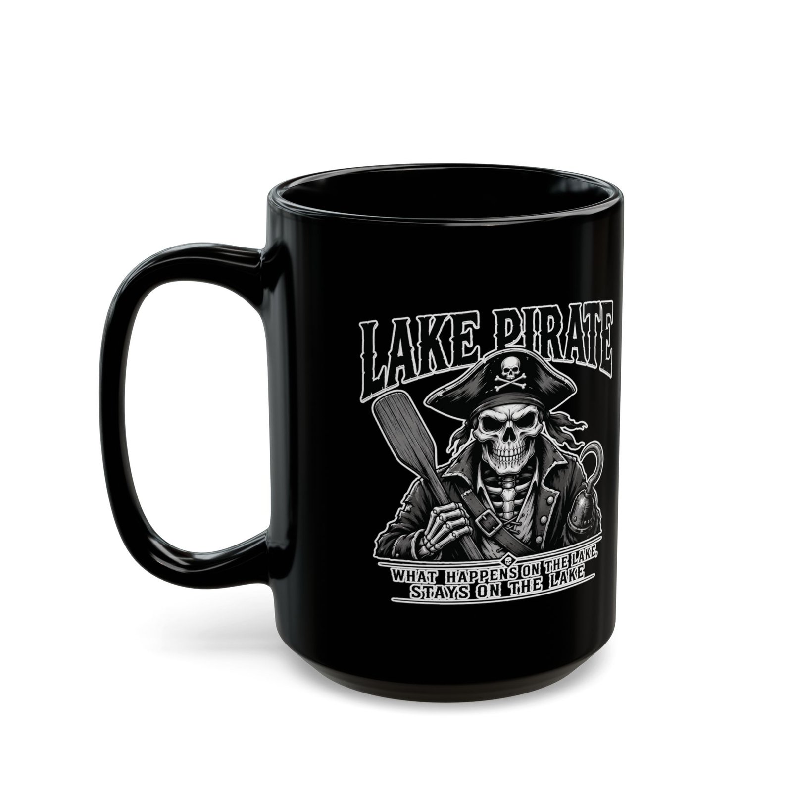 Lake Pirate Skull Coffee Mug - “What Happens on the Lake Stays on the Lake” Black Ceramic Cup - Image 4