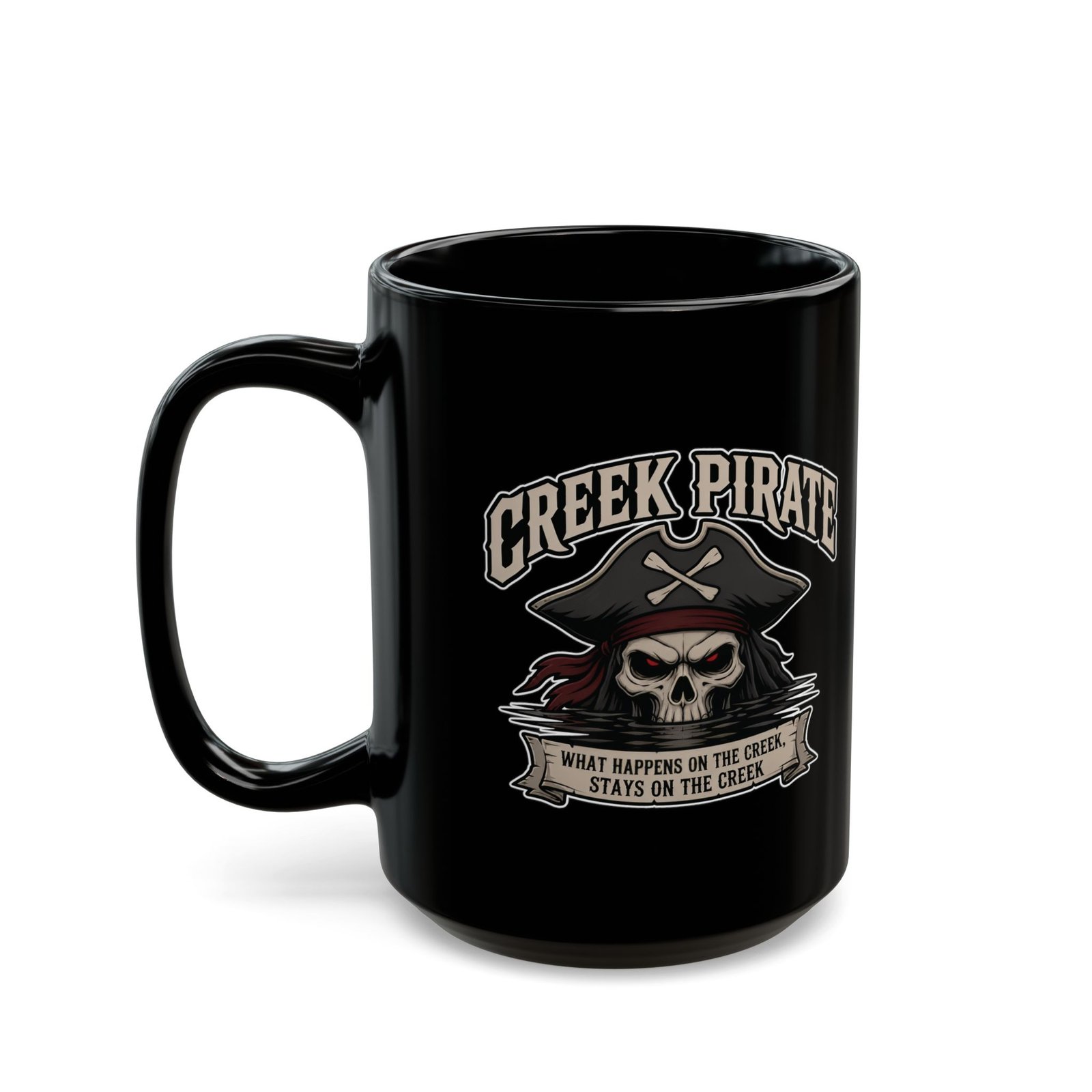 Creek Pirate Skull Coffee Mug - “What Happens on the Creek Stays on the Creek” Black Ceramic Cup - Image 2