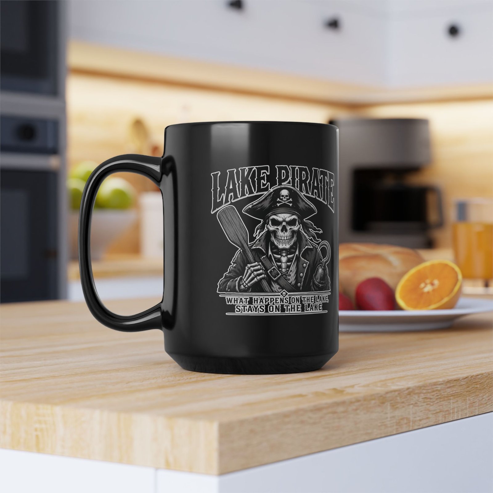 Lake Pirate Skull Coffee Mug - “What Happens on the Lake Stays on the Lake” Black Ceramic Cup - Image 8