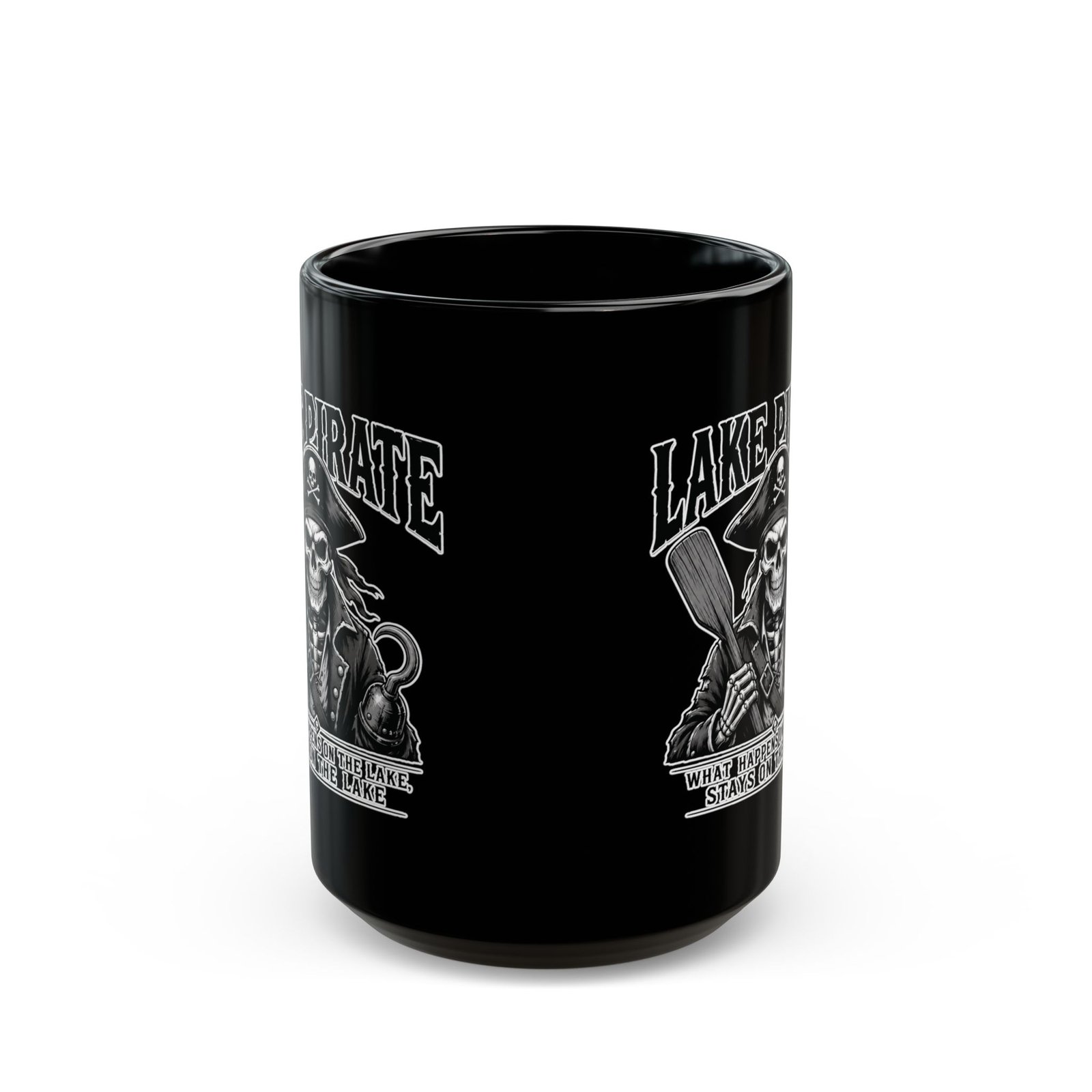 Lake Pirate Skull Coffee Mug - “What Happens on the Lake Stays on the Lake” Black Ceramic Cup - Image 2